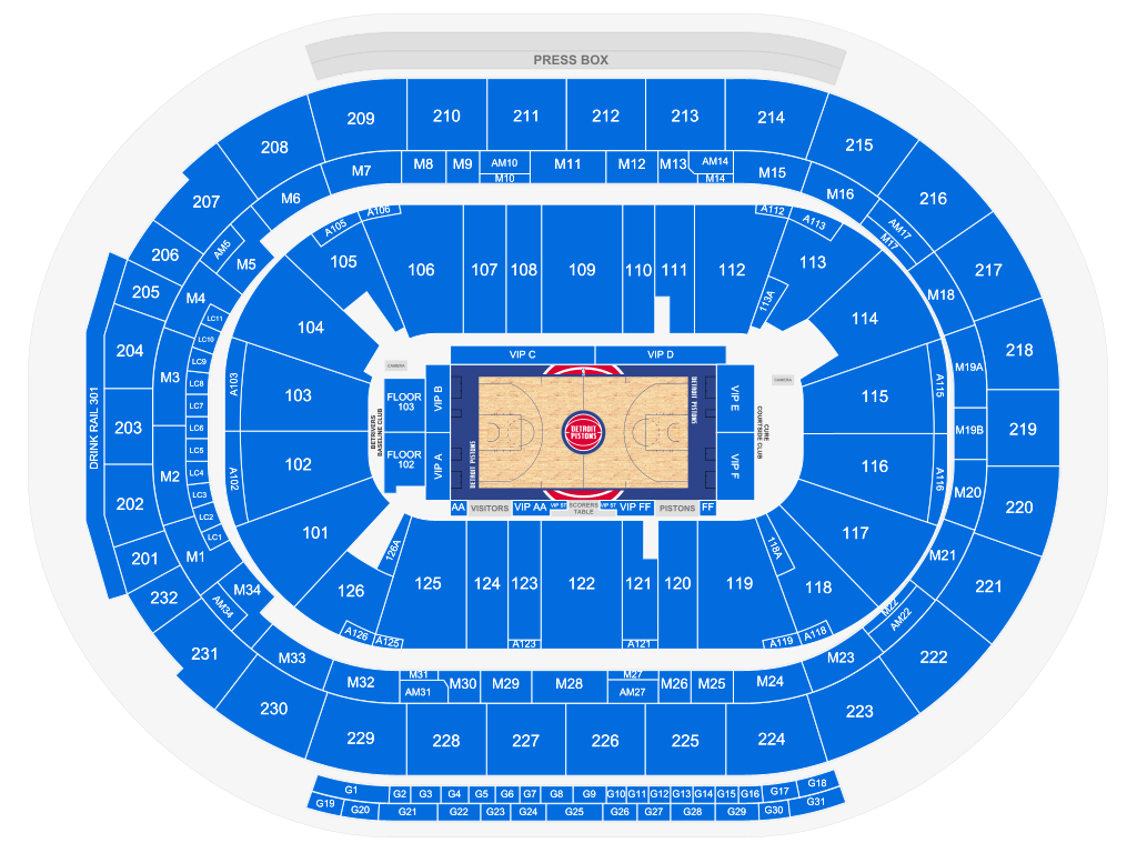 Detroit Pistons at Little Caesars Arena seat map