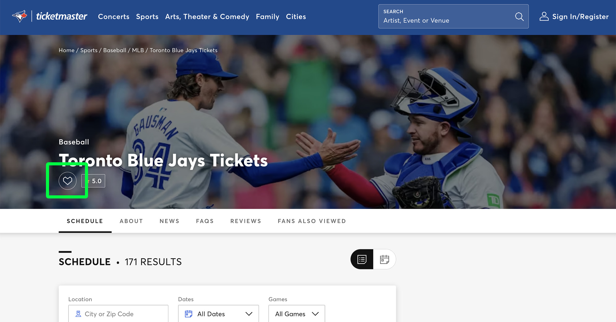 ticketmaster mlb favorite button